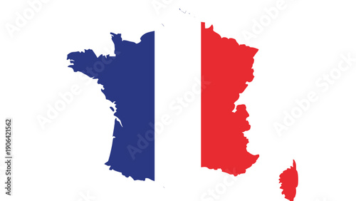 Silhouette of the map of france filled with the blue white and red colors of the national flag representing the country and its diverse regions.