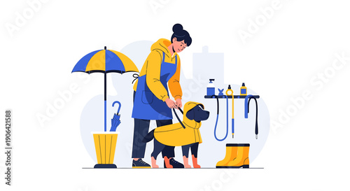 Woman grooming dog in yellow raincoat outdoors on rainy day.