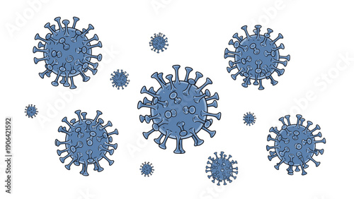 Microscopic blue virus particles of various sizes float in a white space representing scientific research on health diseases and pandemics in biology.