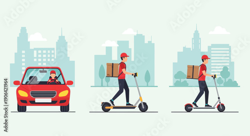 A delivery service illustration with a car scooter and courier ideal for design projects on transparent background silhouette high quality professional