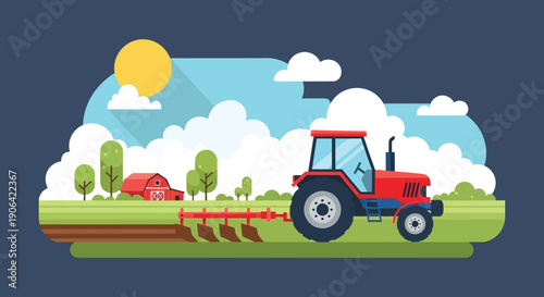 A vibrant flat style illustration depicts a red tractor plowing a field under a sunny sky on transparent background silhouette high quality