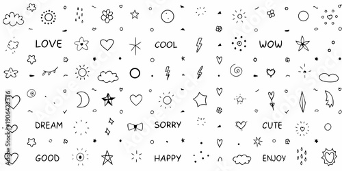 Whimsical black and white doodles with positive words and playful shapes