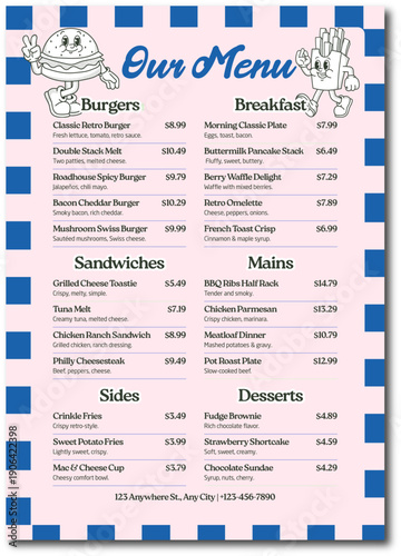 Restaurant menu with burgers, pizza and drinks