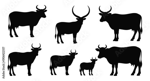 A collection of six african buffalo silhouettes in varying poses ideal for design projects on transparent background high quality professional detailed