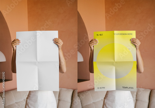 Mockup Of Woman Holding Customizable Folded Poster