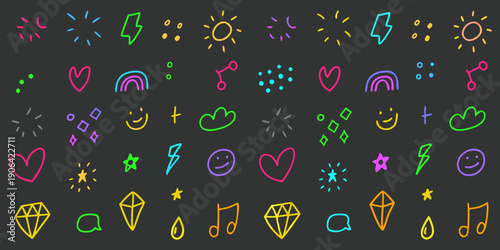 Colorful neon doodles and symbols arranged on a dark background