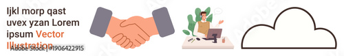 Business agreements, teamwork, remote work, cloud computing, collaboration, digital services. Handshake, man working at desk and cloud icon. Business agreements and teamwork concept