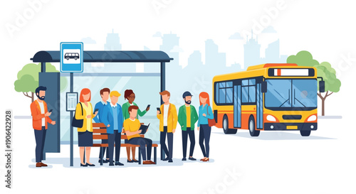 A colorful illustration depicts people waiting at a bus stop with a yellow bus approaching on transparent background silhouette high quality