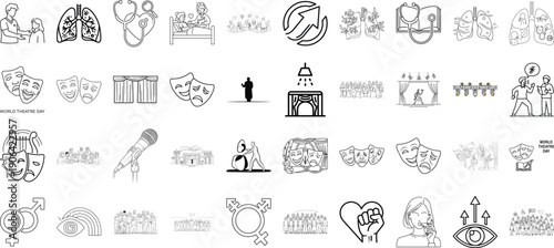 Whimsical collection of diverse icons depicting various human activities and objects