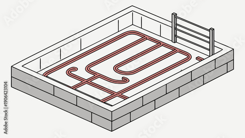 A vector graphic illustration of a radiant floor heating system in a concrete slab foundation