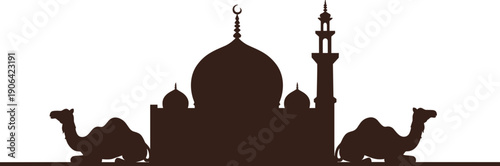 Dark brown mosque silhouette with two camels and minarets on white background