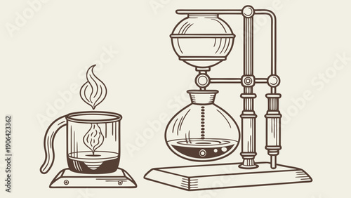 A vector graphic illustration of a siphon coffee maker and a cup of coffee on a heating element