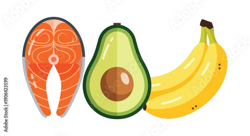 A vibrant illustration of salmon avocado and a banana presented as stylized food icons on transparent background silhouette high quality professional