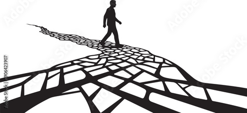 Businessman walking on broken road with cracked pavement ahead