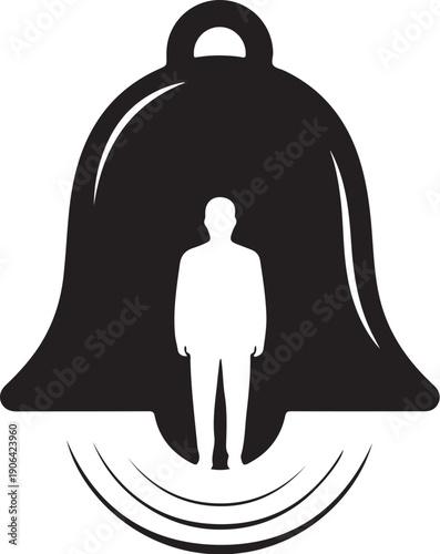 Man standing under a large ringing bell icon graphic