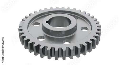 Gray metal spur gear with central hub and mounting holes 3 D render