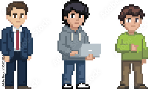 Pixel art people character set with businessman programmer and casual person showing different professions lifestyle and modern work roles isolated on white background