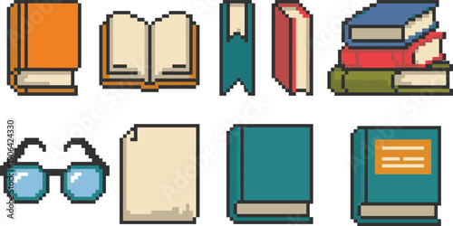 Pixel art book and reading accessories icon set with open books bookmarks glasses notebooks and paper education study library concept isolated on white background