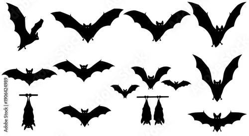 Bat icon set silhouette black vector flying bats collection