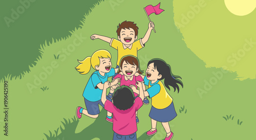 Five exuberant children are joyfully playing and laughing together in a vibrant green outdoor setting, celebrating friendship and carefree childhood moments.