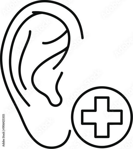 Illustration of an ear with a plus symbol indicating hearing or medical attention
