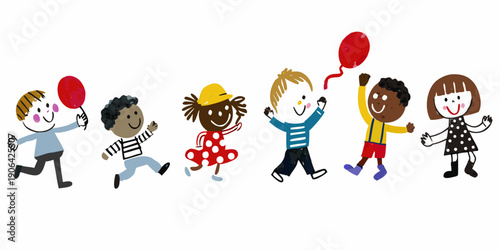 A diverse group of children cheerfully holding balloons and raising hands