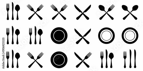 Black and white illustration of various cutlery and dinnerware items