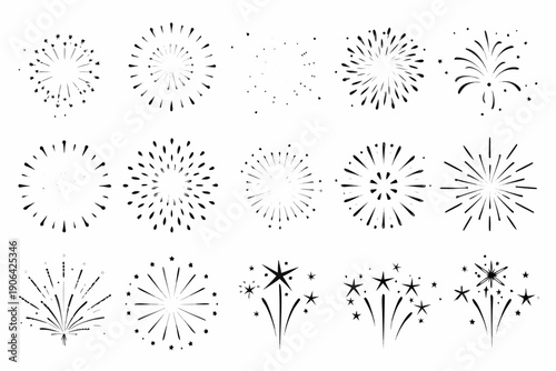 Variety of fireworks displays in black and white line art style