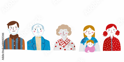 Cartoon illustration of a diverse family group with five people