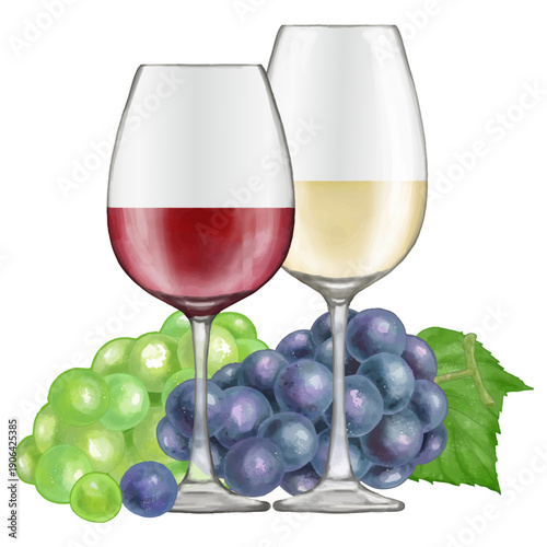 グラスに入った赤ワイン・白ワインと葡萄。リアルタッチなイラスト