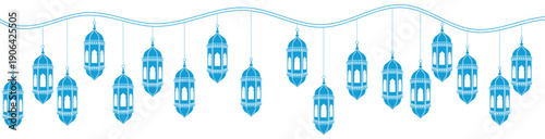 Decorative light blue islamic lanterns hanging on a string for ramadan celebration