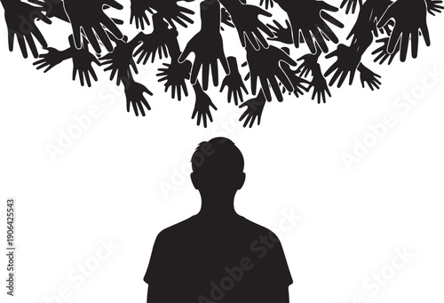 Silhouette of a man under hanging hands from above
