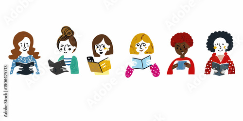 Diverse group of women reading books colorful illustration