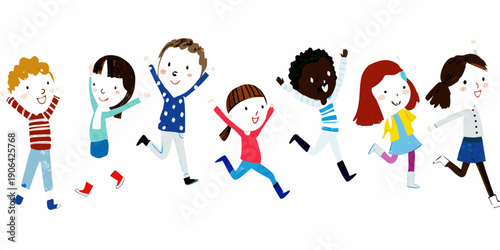 A diverse group of children joyfully jumping and playing together