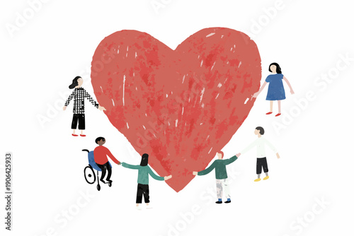 People reaching towards a large textured red heart in a symbolic illustration