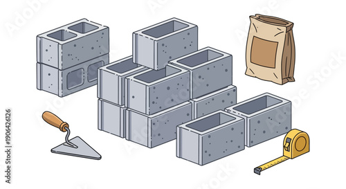 A collection of construction materials including concrete blocks cement a trowel and a tape measure on transparent background silhouette high quality