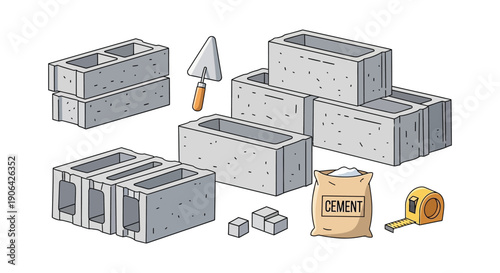 A stylized illustration of concrete blocks a trowel cement and tools on transparent background silhouette high quality professional detailed modern elegant
