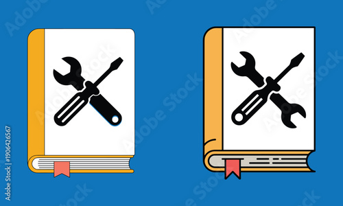Two stylized books with tools icons on a blue background wrench screwdriver