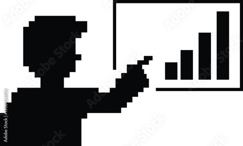 Pixel art silhouette business person presenting rising bar chart growth analytics concept for financial success strategy reporting and data driven decision making