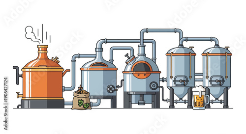 Detailed brewery equipment illustration featuring tanks pipes and a glass of beer presented as a silhouette on transparent background high quality