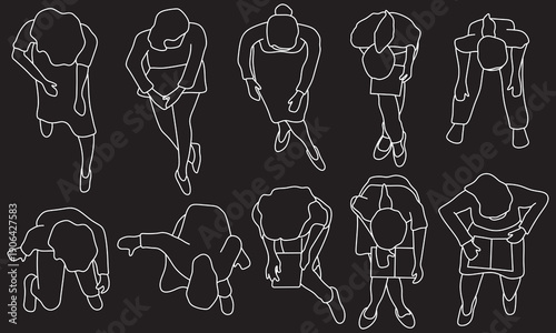 Sitting women, top view, body postures, woman, girl, plan, different poses, architectural, customizable stroke, vector, illustration