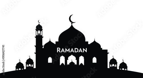 Ramadan Mosque Silhouette with Crescent Moon on White Background
