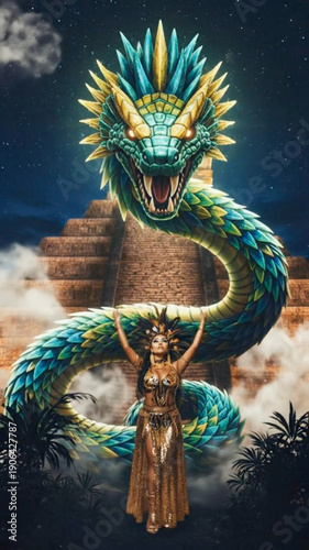 Guerrera azteca con traje dorado y majestuosa serpiente emplumada Quetzalcóatl frente a una pirámide bajo la luna