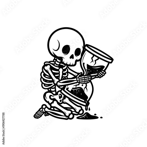 A kneeling skeleton holding a broken mug, mourning the loss, in a simple black line illustration on a plain white background from a front viewpoint
