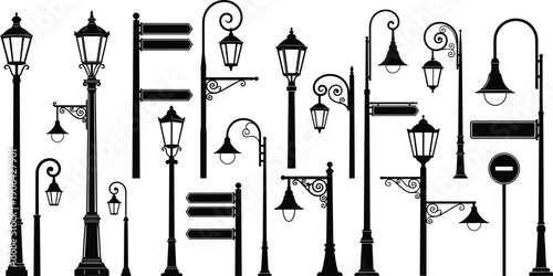Street lamp and signpost silhouettes, ornate urban lanterns with decorative scrollwork, directional traffic signs for cityscape, architecture, retro outdoor elements, flat vector illustration