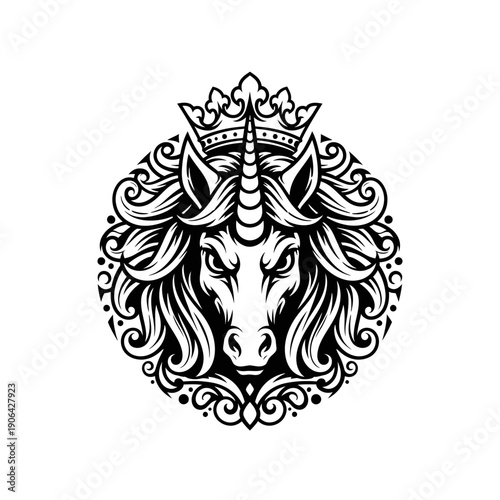 A majestic unicorn head illustration with flowing mane and crown, surrounded by intricate designs and patterns, viewed from the front