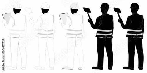 Construction workers in varying shades of gray signaling and documenting work