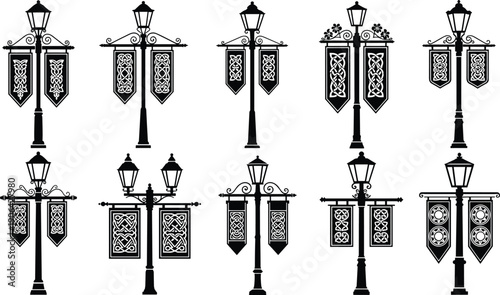 Street lamp silhouettes with decorative banners, ornate urban lantern designs, Celtic and floral motifs for architecture, cityscape, retro outdoor elements, flat vector illustration