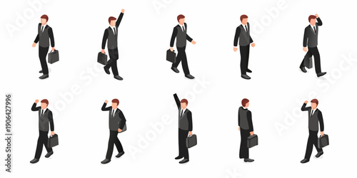 Isometric businessmen in various walking poses with briefcases shown