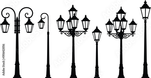 Vintage street lamp silhouettes collection, ornate urban lantern designs, scrollwork and multi‑lantern posts for architecture, cityscape, retro outdoor lighting elements, flat vector illustration